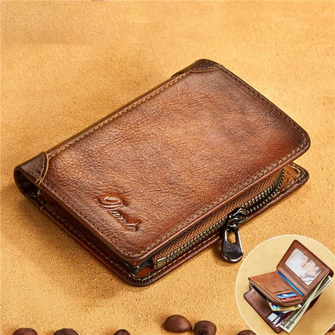 DANTE 05510 RFID Blocking  Retro Top Layer Cowhide Men Short Wallet Coin Card Holder with Zipper Pocket