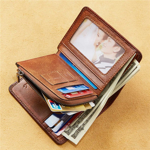 DANTE 05510 RFID Blocking  Retro Top Layer Cowhide Men Short Wallet Coin Card Holder with Zipper Pocket