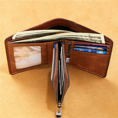 DANTE 05510 RFID Blocking  Retro Top Layer Cowhide Men Short Wallet Coin Card Holder with Zipper Pocket