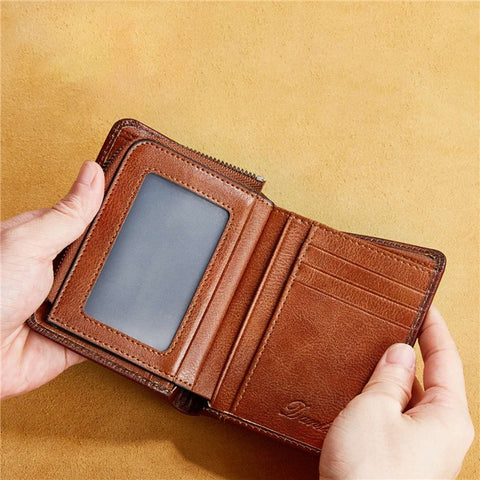 DANTE 05510 RFID Blocking  Retro Top Layer Cowhide Men Short Wallet Coin Card Holder with Zipper Pocket