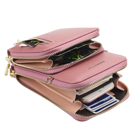 BAELLERRY N0110 Women Double Layer Zipper Wallet PU Leather Cellphone Purse with Shoulder Strap