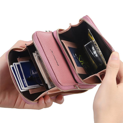 BAELLERRY N0110 Women Double Layer Zipper Wallet PU Leather Cellphone Purse with Shoulder Strap