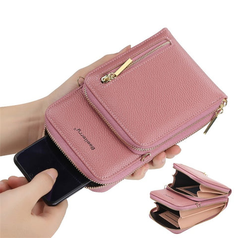 BAELLERRY N0110 Women Double Layer Zipper Wallet PU Leather Cellphone Purse with Shoulder Strap