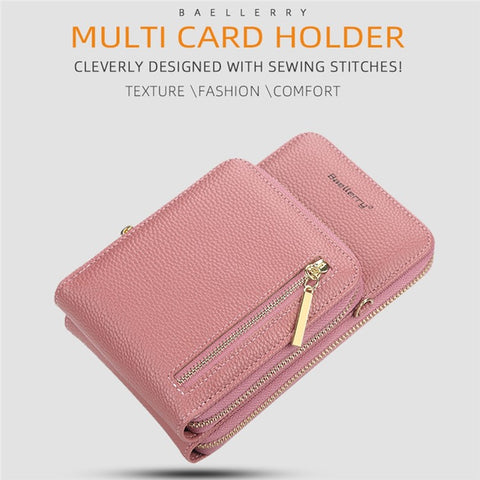 BAELLERRY N0110 Women Double Layer Zipper Wallet PU Leather Cellphone Purse with Shoulder Strap