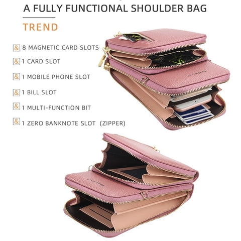 BAELLERRY N0110 Women Double Layer Zipper Wallet PU Leather Cellphone Purse with Shoulder Strap