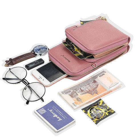 BAELLERRY N0110 Women Double Layer Zipper Wallet PU Leather Cellphone Purse with Shoulder Strap