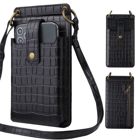 Crocodile Pattern PU Leather Zipper Pocket Design Phone Card Holder Pouch Vertical Women Crossbody Bag with Mirror