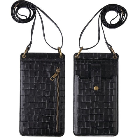 Crocodile Pattern PU Leather Zipper Pocket Design Phone Card Holder Pouch Vertical Women Crossbody Bag with Mirror