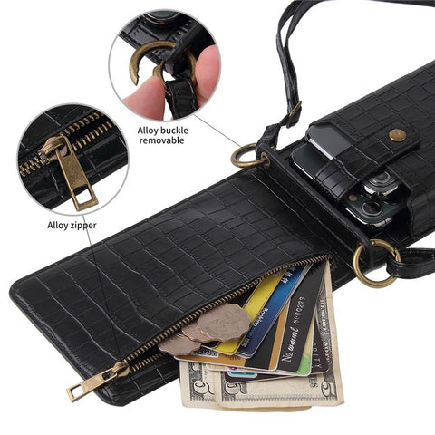 Crocodile Pattern PU Leather Zipper Pocket Design Phone Card Holder Pouch Vertical Women Crossbody Bag with Mirror