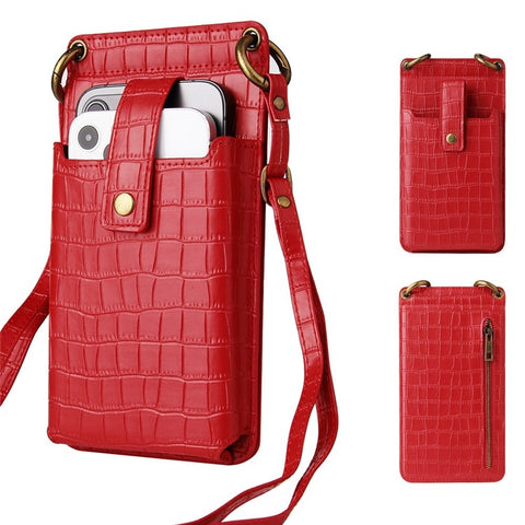 Crocodile Pattern PU Leather Zipper Pocket Design Phone Card Holder Pouch Vertical Women Crossbody Bag with Mirror
