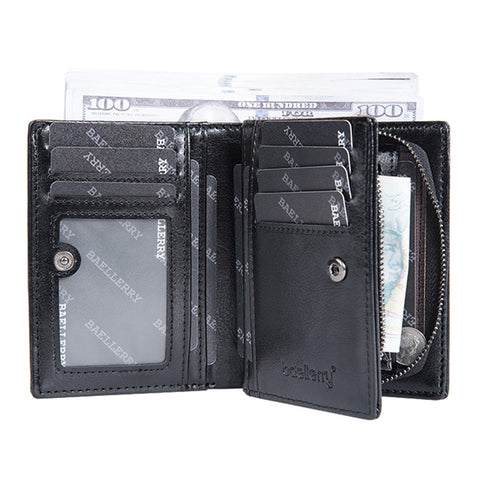 BAELLERRY D3213 Vintage Men PU Leather Short Wallet Cash Card Holder Zipper Coin Purse