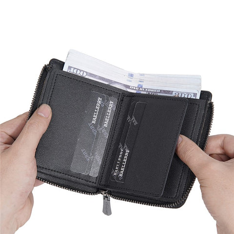 BAELLERRY D3049 Business PU Leather Men Bi-Fold Wallet RFID Blocking Zipper Coin Purse