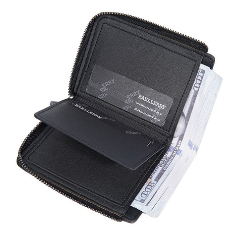 BAELLERRY D3049 Business PU Leather Men Bi-Fold Wallet RFID Blocking Zipper Coin Purse