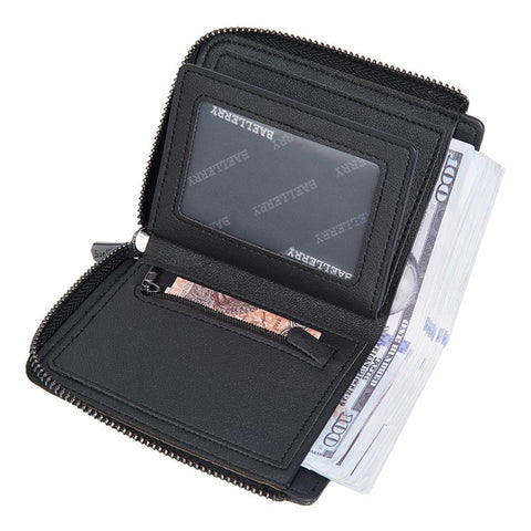 BAELLERRY D3049 Business PU Leather Men Bi-Fold Wallet RFID Blocking Zipper Coin Purse