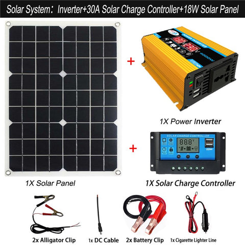 Power Inverter 18W Solar Panel 30A LCD Display Solar Controller 300W Car RV Power Converter