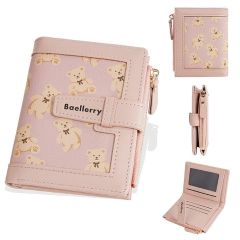 BAELLERRY N1925 Cute Bear Print Multi-Card Wallet PU Leather Coin Purse with Strap Closure