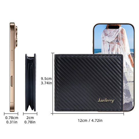 BAELLERRY D2396 Slim Bifold Wallet Zippered Card Holder Carbon Fiber Pattern Purse