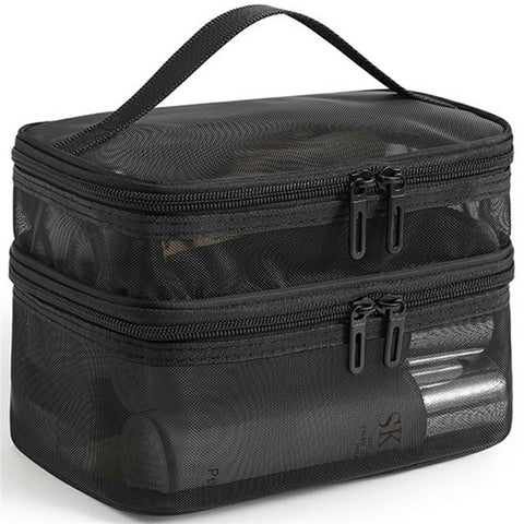 Double Layer Zipper Mesh Toiletry Bag Portable Travel Nylon Makeup Cosmetics Storage Organizer