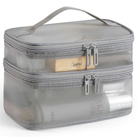 Double Layer Zipper Mesh Toiletry Bag Portable Travel Nylon Makeup Cosmetics Storage Organizer