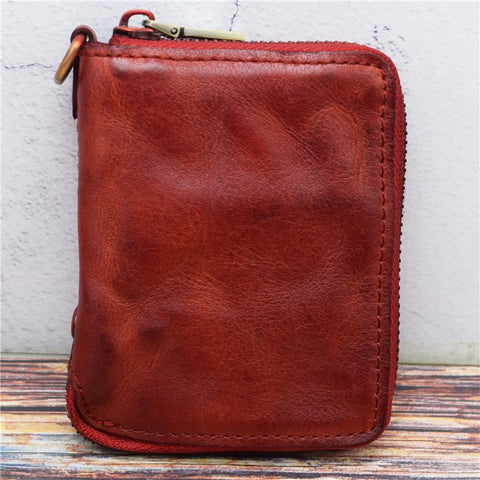 SG118 Men's Zippered Wallet Retro Genuine Leather Billfold Card Holder Bag Coin Change Storage Pouch