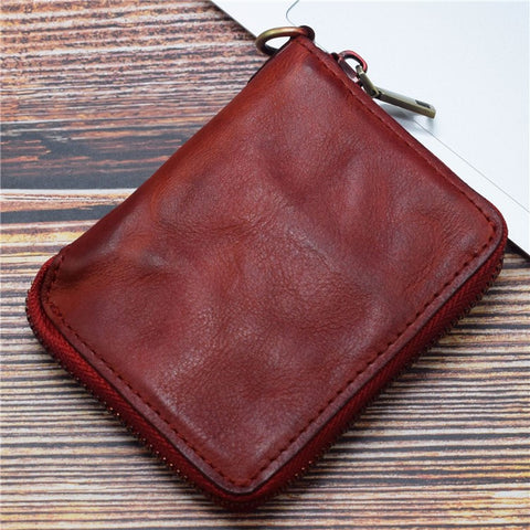 SG118 Men's Zippered Wallet Retro Genuine Leather Billfold Card Holder Bag Coin Change Storage Pouch
