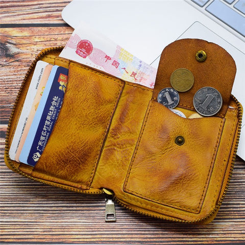 SG118 Men's Zippered Wallet Retro Genuine Leather Billfold Card Holder Bag Coin Change Storage Pouch