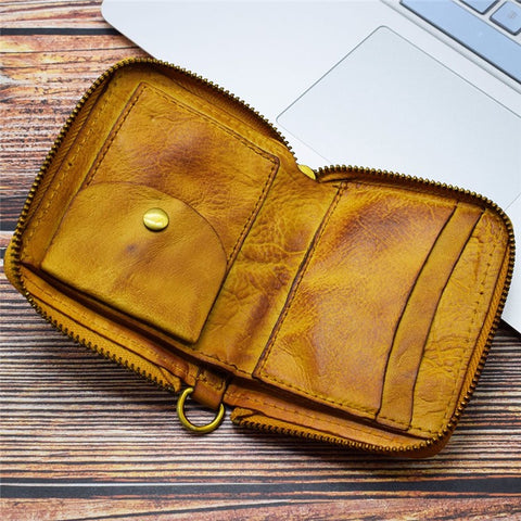 SG118 Men's Zippered Wallet Retro Genuine Leather Billfold Card Holder Bag Coin Change Storage Pouch