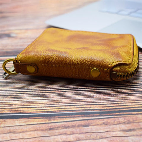 SG118 Men's Zippered Wallet Retro Genuine Leather Billfold Card Holder Bag Coin Change Storage Pouch