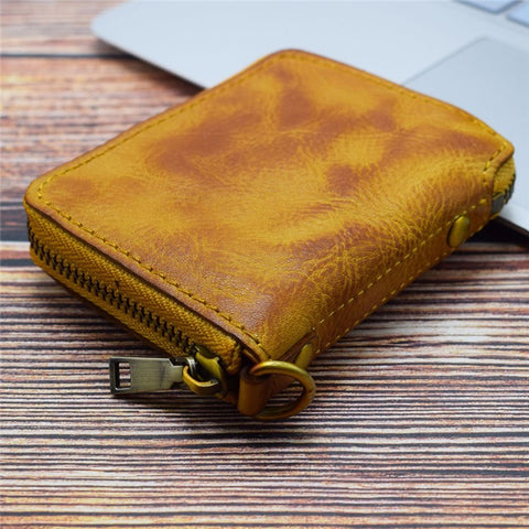 SG118 Men's Zippered Wallet Retro Genuine Leather Billfold Card Holder Bag Coin Change Storage Pouch