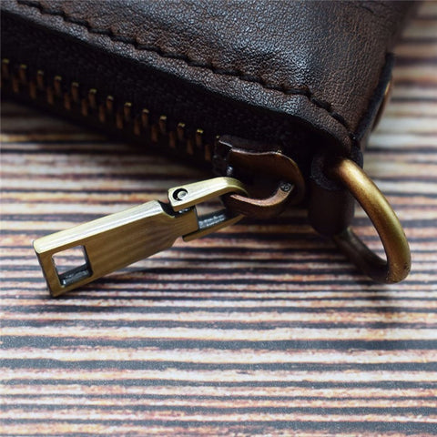 SG118 Men's Zippered Wallet Retro Genuine Leather Billfold Card Holder Bag Coin Change Storage Pouch