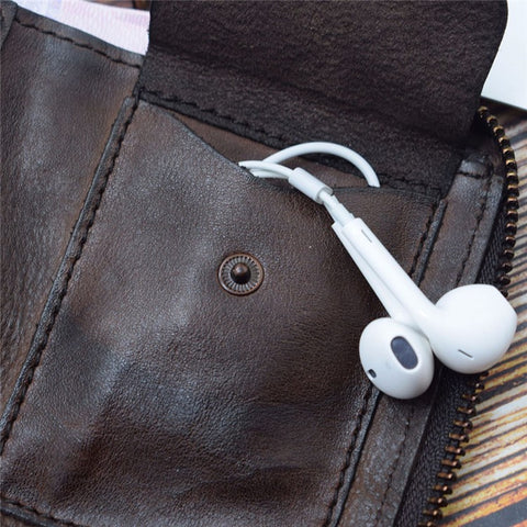SG118 Men's Zippered Wallet Retro Genuine Leather Billfold Card Holder Bag Coin Change Storage Pouch