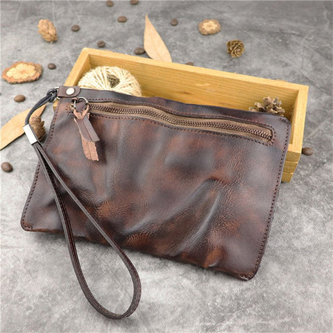 SG628 Top Layer Cowhide Leather Wrinkled Old Retro Wallet Long Coin Purse Zipper Business Casual Large Capacity Wallet with Wrist Strap