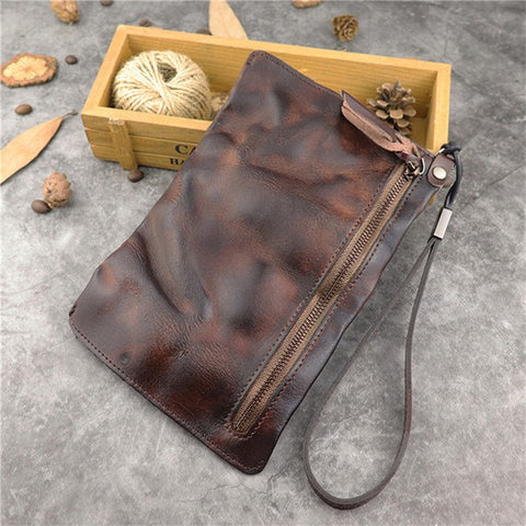 SG628 Top Layer Cowhide Leather Wrinkled Old Retro Wallet Long Coin Purse Zipper Business Casual Large Capacity Wallet with Wrist Strap