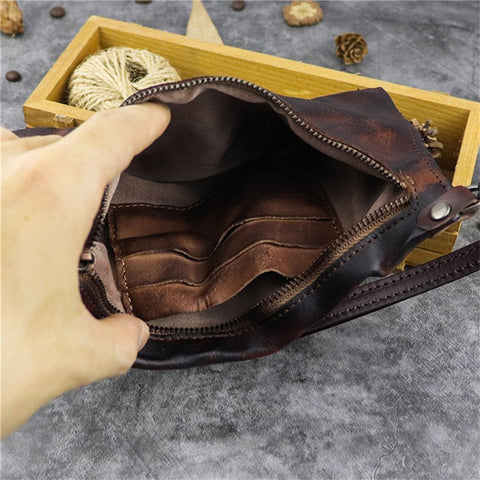 SG628 Top Layer Cowhide Leather Wrinkled Old Retro Wallet Long Coin Purse Zipper Business Casual Large Capacity Wallet with Wrist Strap