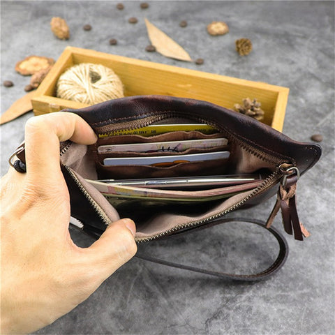 SG628 Top Layer Cowhide Leather Wrinkled Old Retro Wallet Long Coin Purse Zipper Business Casual Large Capacity Wallet with Wrist Strap