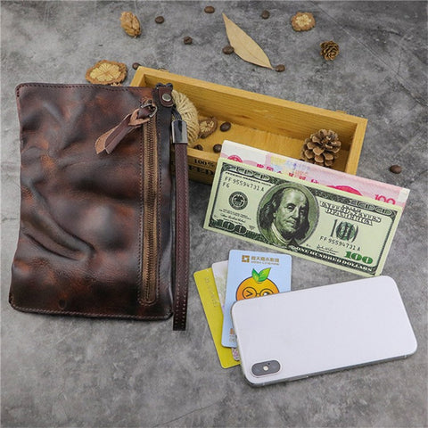 SG628 Top Layer Cowhide Leather Wrinkled Old Retro Wallet Long Coin Purse Zipper Business Casual Large Capacity Wallet with Wrist Strap