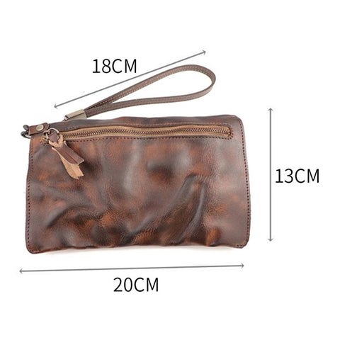 SG628 Top Layer Cowhide Leather Wrinkled Old Retro Wallet Long Coin Purse Zipper Business Casual Large Capacity Wallet with Wrist Strap