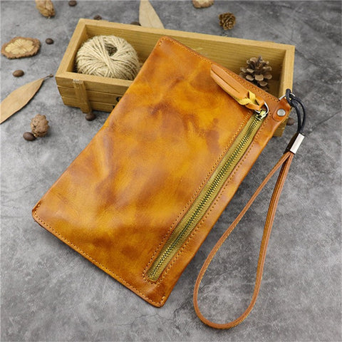 SG628 Top Layer Cowhide Leather Wrinkled Old Retro Wallet Long Coin Purse Zipper Business Casual Large Capacity Wallet with Wrist Strap