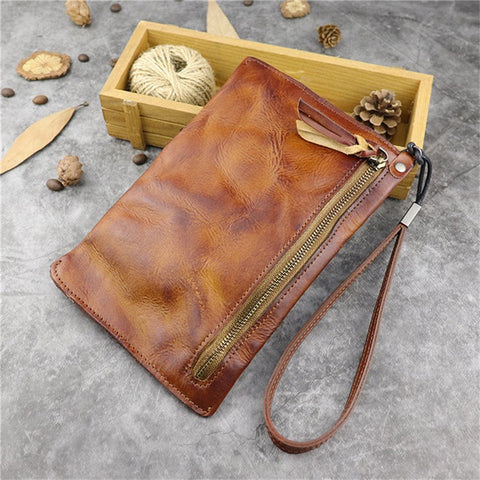 SG628 Top Layer Cowhide Leather Wrinkled Old Retro Wallet Long Coin Purse Zipper Business Casual Large Capacity Wallet with Wrist Strap