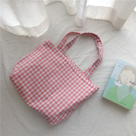 573 Women Cotton Tote Bag Grid Pattern Shoulder Bag for Gym, Work, School