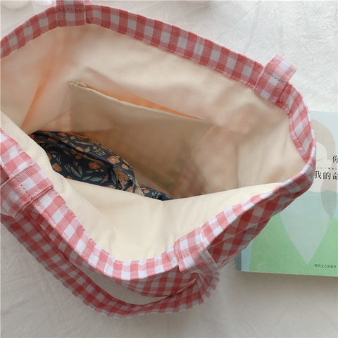 573 Women Cotton Tote Bag Grid Pattern Shoulder Bag for Gym, Work, School