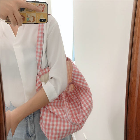 573 Women Cotton Tote Bag Grid Pattern Shoulder Bag for Gym, Work, School