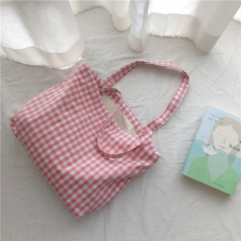 573 Women Cotton Tote Bag Grid Pattern Shoulder Bag for Gym, Work, School