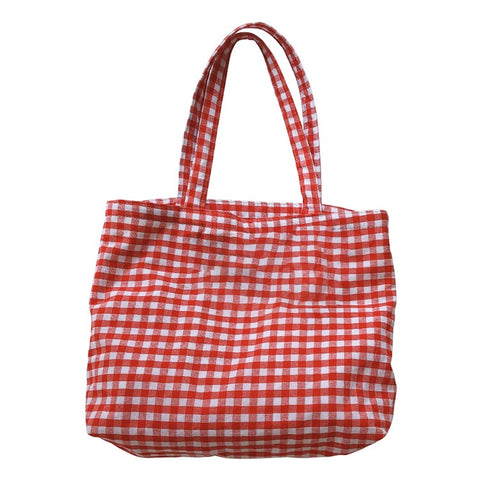 573 Women Cotton Tote Bag Grid Pattern Shoulder Bag for Gym, Work, School