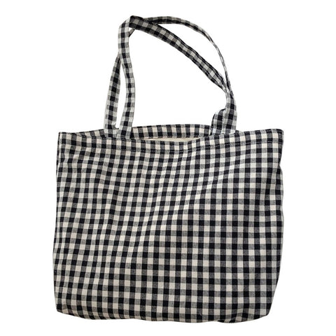 573 Women Cotton Tote Bag Grid Pattern Shoulder Bag for Gym, Work, School