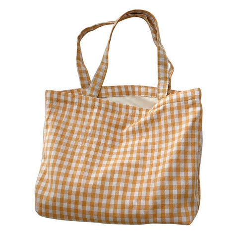 573 Women Cotton Tote Bag Grid Pattern Shoulder Bag for Gym, Work, School