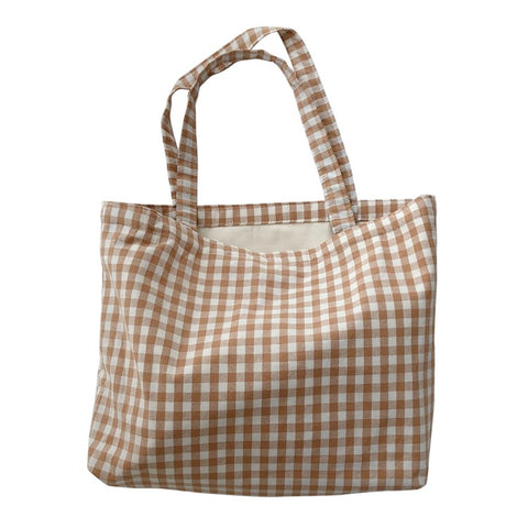 573 Women Cotton Tote Bag Grid Pattern Shoulder Bag for Gym, Work, School