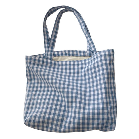573 Women Cotton Tote Bag Grid Pattern Shoulder Bag for Gym, Work, School