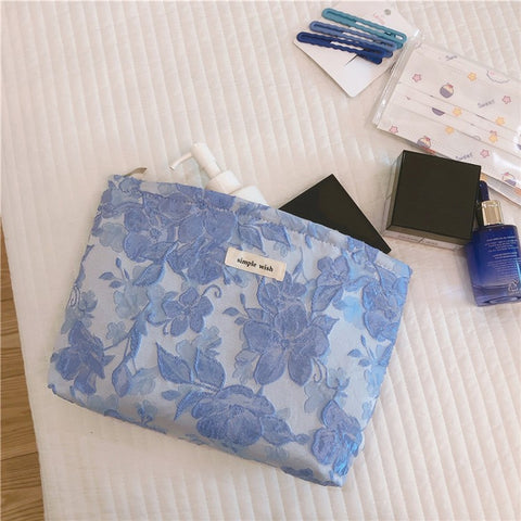 189 Lightweight Canvas Makeup Cosmetic Bag Embossing Big Flower Pattern Toiletry Travel Organizer Bag