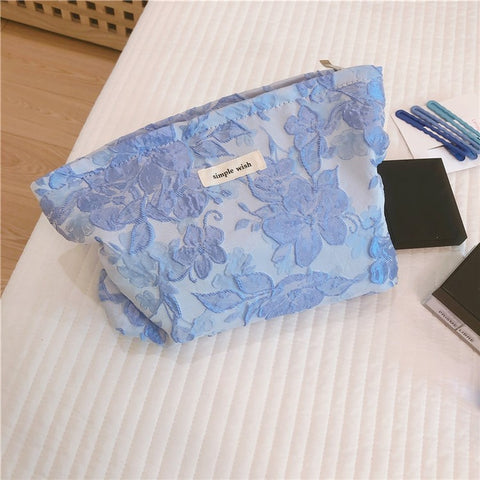 189 Lightweight Canvas Makeup Cosmetic Bag Embossing Big Flower Pattern Toiletry Travel Organizer Bag
